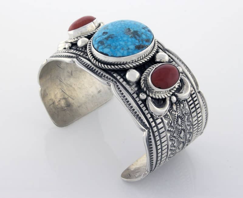 Natural Birdseye Kingman Turquoise And Mediterranean Coral Bracelet