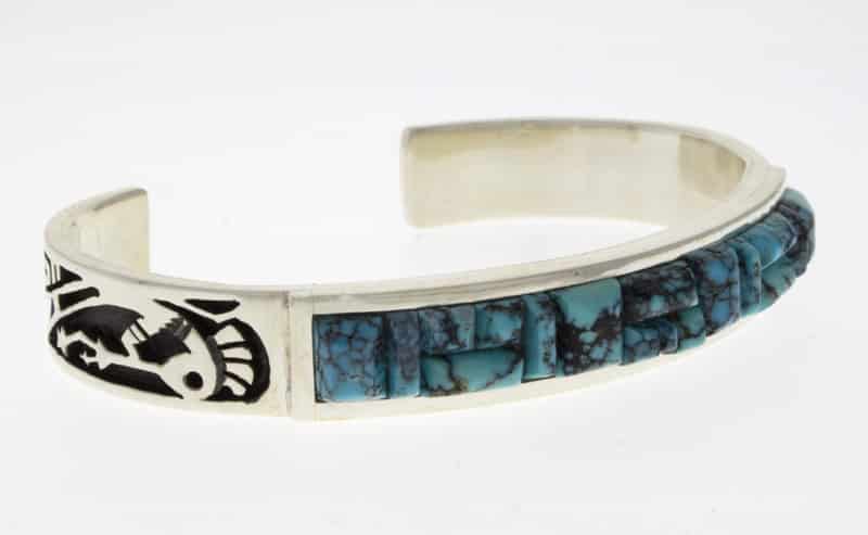 Sterling Silver Overlay Bracelet With A High Grade Natural Cloud Mountain Turquoise Inlay Design