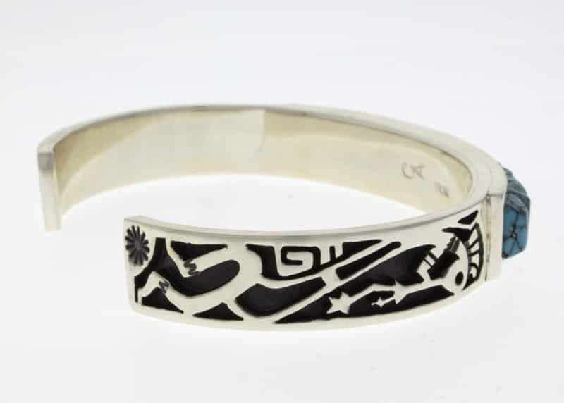 Sterling Silver Overlay Bracelet With A High Grade Natural Cloud Mountain Turquoise Inlay Design