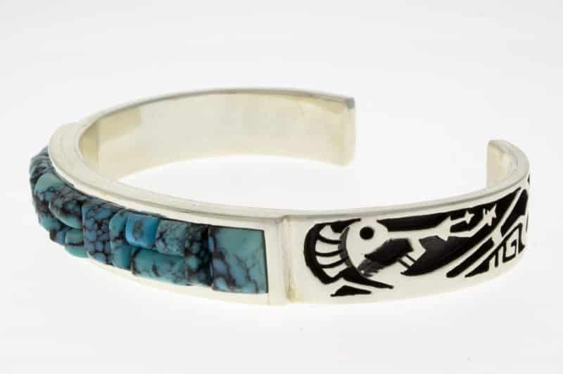 Sterling Silver Overlay Bracelet With A High Grade Natural Cloud Mountain Turquoise Inlay Design