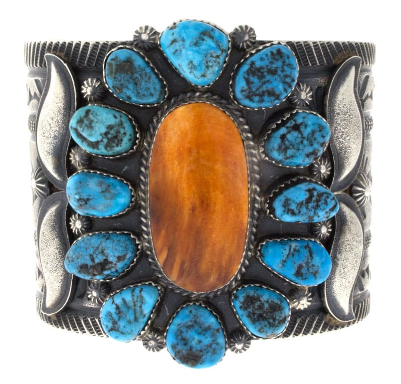 Orange Spiny Oyster Bracelet With Natural Free-Form Sleeping Beauty Turquoise Surround