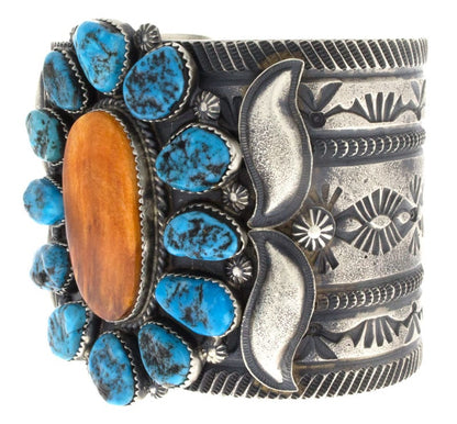 Orange Spiny Oyster Bracelet With Natural Free-Form Sleeping Beauty Turquoise Surround