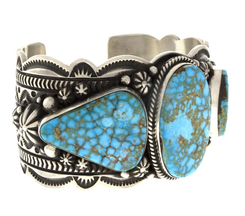 Natural Birdseye Kingman Turquoise 3-Stone Row Bracelet