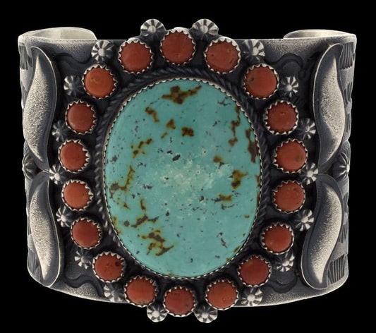 Chinese Mountain Turquoise Bracelet With Coral Surround