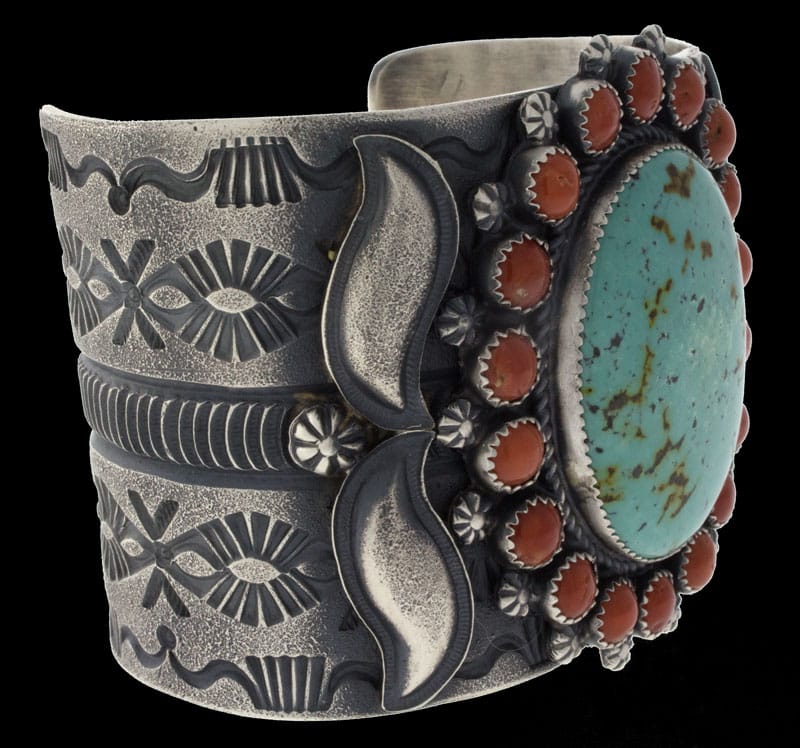 Chinese Mountain Turquoise Bracelet With Coral Surround