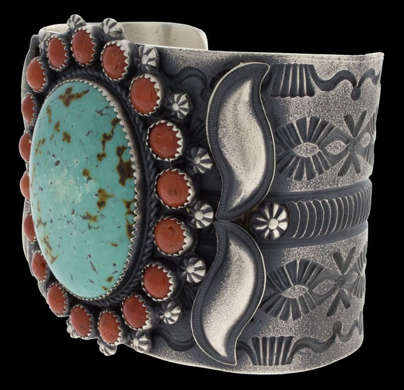 Chinese Mountain Turquoise Bracelet With Coral Surround