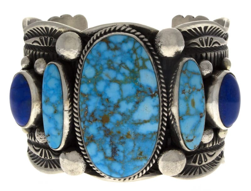 Bracelet en rangée de 5 pierres en turquoise Kingman Birdseye naturelle et lapis naturel