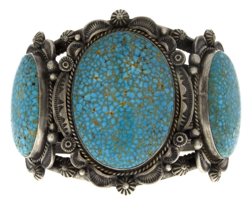 High Grade Natural Birdseye Kingman Turquoise 3-Stone Row Bracelet