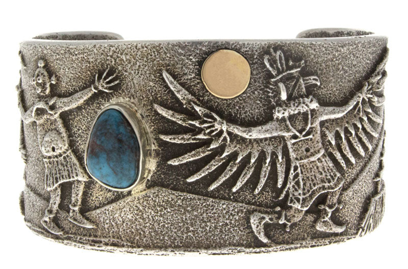 Tufa Cast Mudhead & Eagle Dancer Bracelet With Natural Bisbee Turquoise And 14K Gold Sun