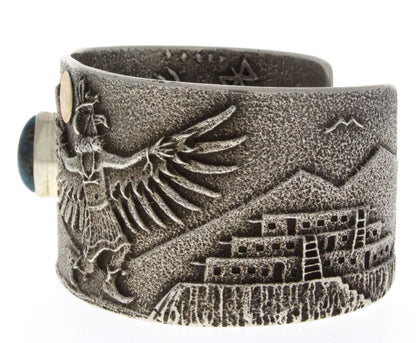 Tufa Cast Mudhead & Eagle Dancer Bracelet With Natural Bisbee Turquoise And 14K Gold Sun