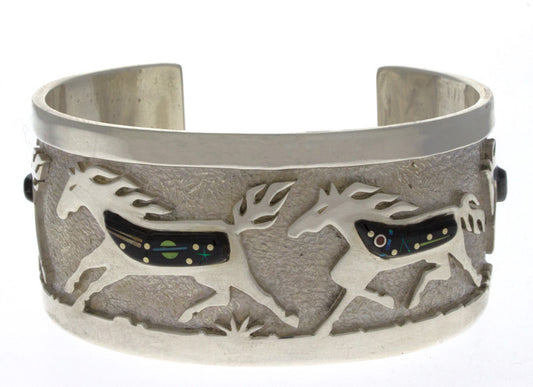 Sterling Silver Horse Overlay Bracelet With Raised Micro Inlay Design