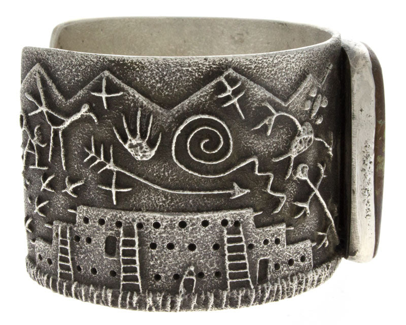 Tufa Cast Pueblo Scene Bracelet With Natural Pilot Mountain Turquoise