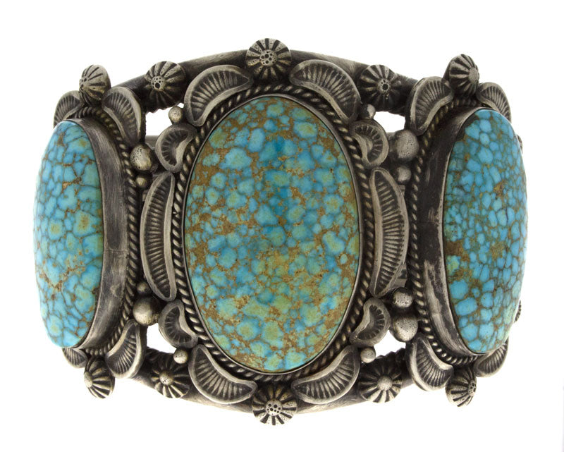 High Grade Natural Birdseye Kingman Turquoise 3-Stone Row Bracelet