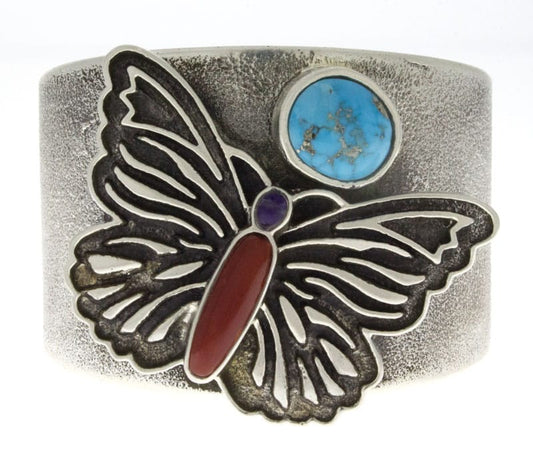 Tufa Cast Butterfly Bracelet With Natural Morenci Turquoise, Sugilite & Mediterranean Coral