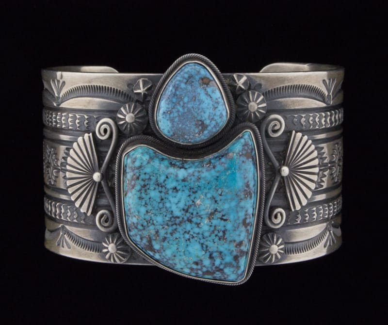 Natural Free-Form Black Web Kingman Turquoise 2-Stone Bracelet