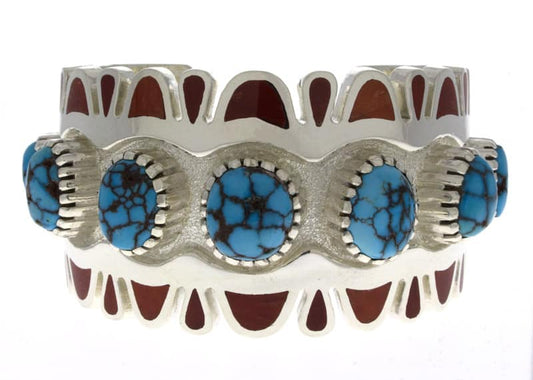 Natural Egyptian Turquoise 7-Stone Row Bracelet With Coral Inlay