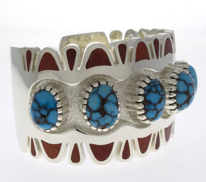 Natural Egyptian Turquoise 7-Stone Row Bracelet With Coral Inlay