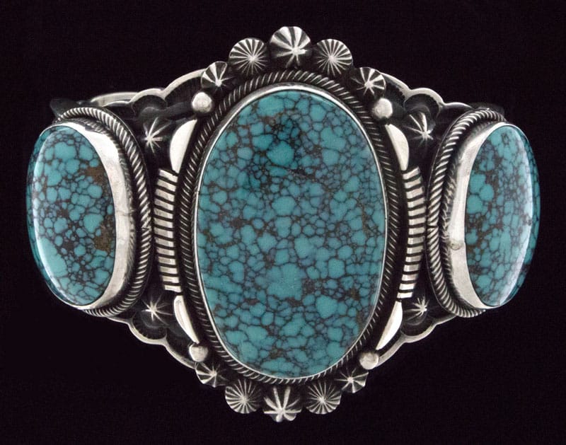 High Grade Natural Black Web Kingman Turquoise 3-Stone Row Bracelet