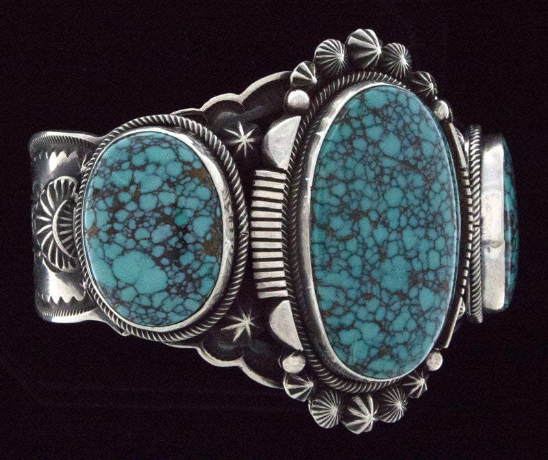 High Grade Natural Black Web Kingman Turquoise 3-Stone Row Bracelet