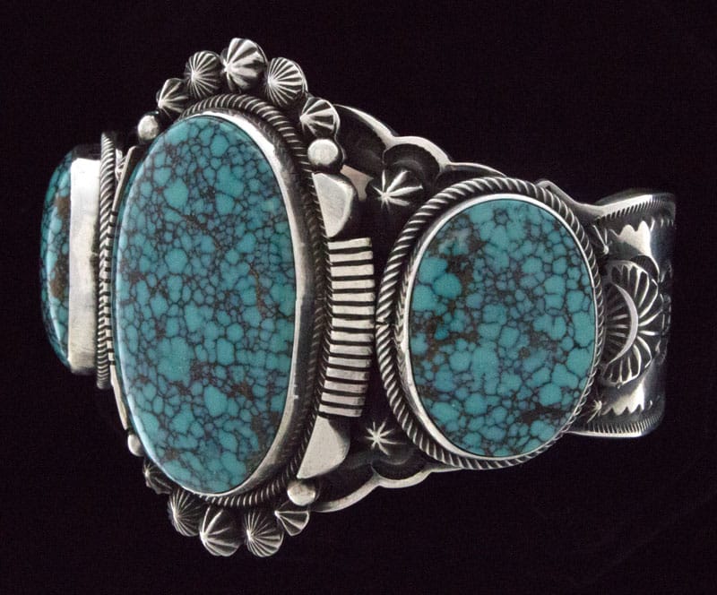 High Grade Natural Black Web Kingman Turquoise 3-Stone Row Bracelet