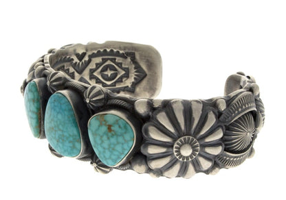 Natural Birdseye Kingman Turquoise 3-Stone Row Bracelet