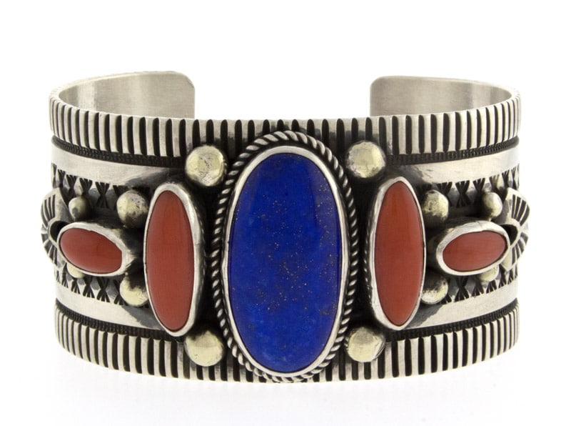 Natural Lapis & Natural Mediterranean Coral 5-Stone Row Bracelet