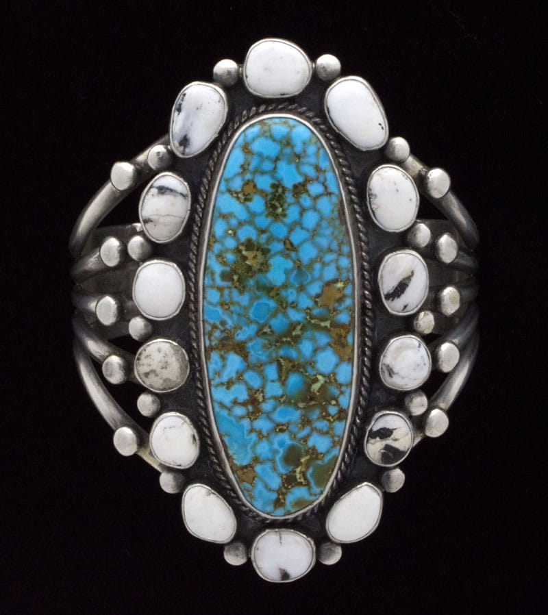 Natural Birdseye Kingman Turquoise Bracelet With White Buffalo Cluster Surround