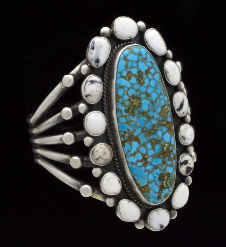 Natural Birdseye Kingman Turquoise Bracelet With White Buffalo Cluster Surround