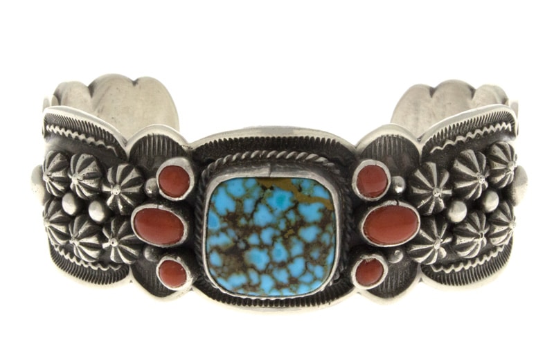 Natural Black Web Kingman Turquoise & Natural Mediterranean Coral Bracelet