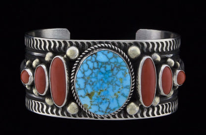 Natural Kingman Turquoise & Coral 7-Stone Row Bracelet