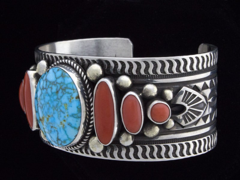 Natural Kingman Turquoise & Coral 7-Stone Row Bracelet