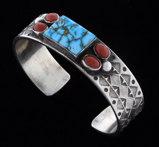 Natural Kingman Water Web Turquoise & Natural Coral Bracelet