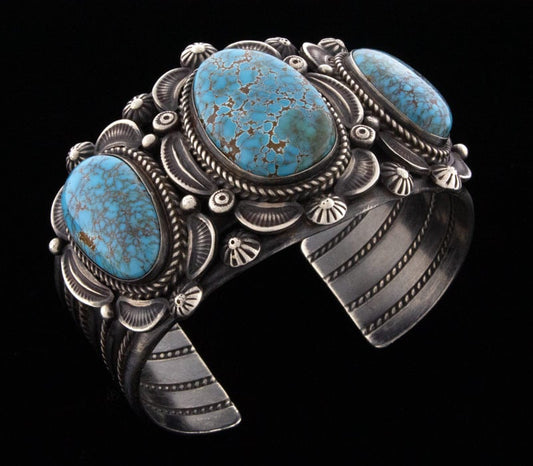 High Grade Natural Pilot Mountain Turquoise 3-Stone Row Bracelet