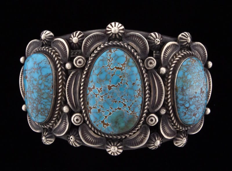 High Grade Natural Pilot Mountain Turquoise 3-Stone Row Bracelet