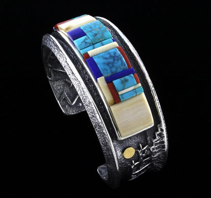 Tufa Cast Pueblo Scene Bracelet With Natural Multi-Color Height Inlay Design