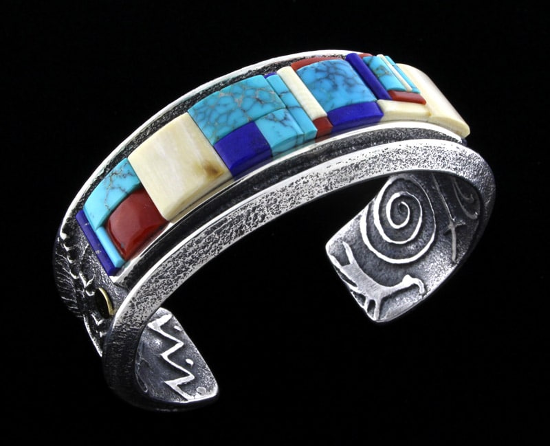 Tufa Cast Pueblo Scene Bracelet With Natural Multi-Color Height Inlay Design