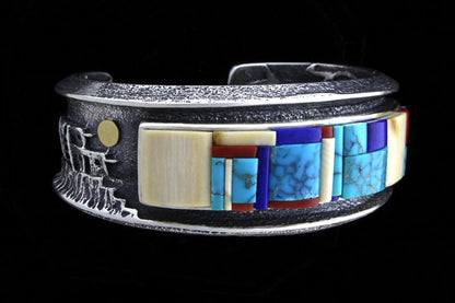 Tufa Cast Pueblo Scene Bracelet With Natural Multi-Color Height Inlay Design