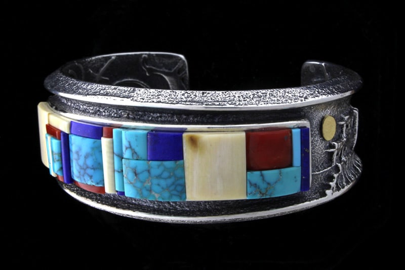 Tufa Cast Pueblo Scene Bracelet With Natural Multi-Color Height Inlay Design