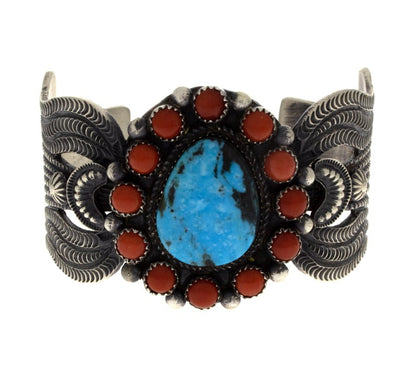 Kingman Turquoise Bracelet With Coral Cluster Surround