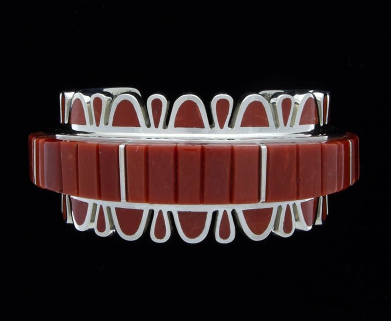 High Grade Natural Mediterranean Coral Raised Corn Row Inlay Bracelet