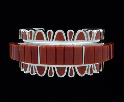 High Grade Natural Mediterranean Coral Raised Corn Row Inlay Bracelet