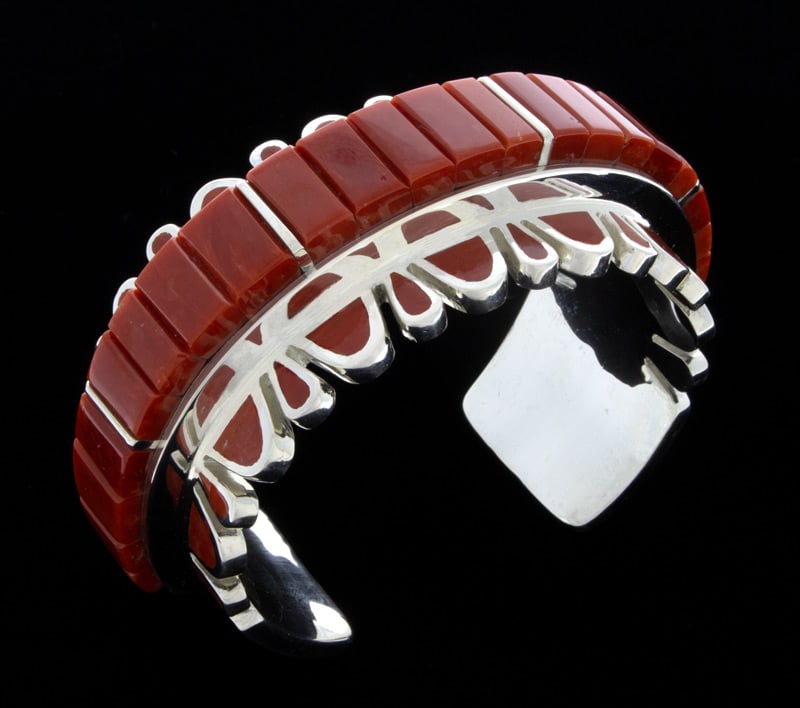 High Grade Natural Mediterranean Coral Raised Corn Row Inlay Bracelet