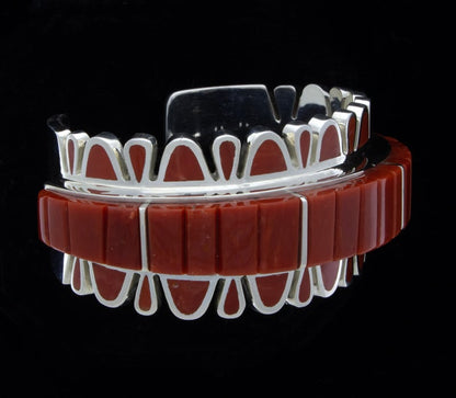 High Grade Natural Mediterranean Coral Raised Corn Row Inlay Bracelet