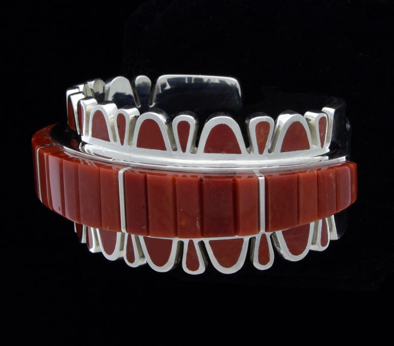 High Grade Natural Mediterranean Coral Raised Corn Row Inlay Bracelet