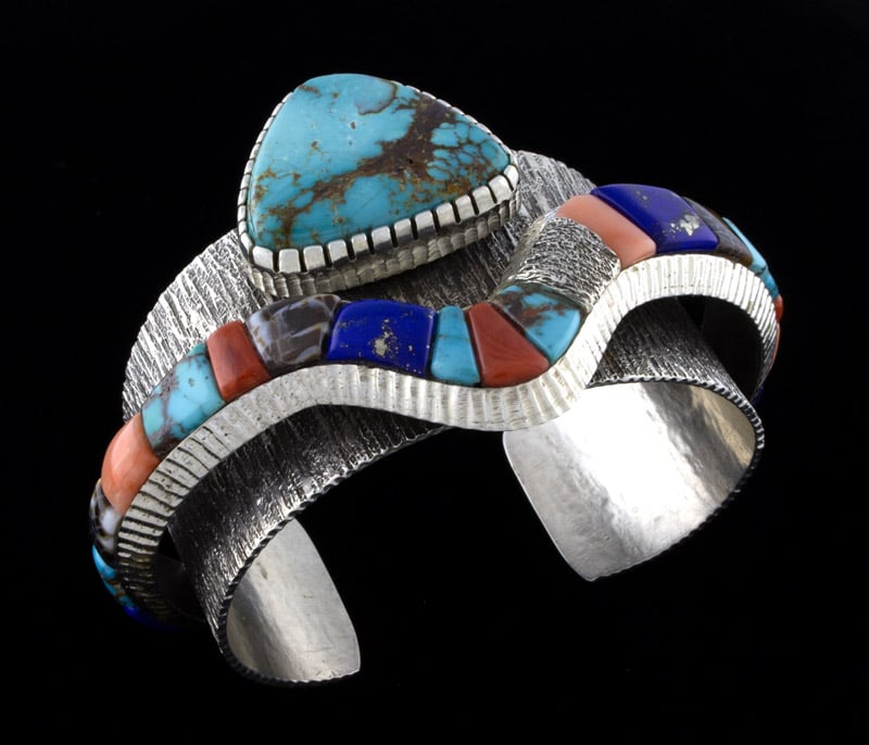 Double-Stacked Bracelet With High Grade Natural Hidden Valley Turquoise And Raised Cobblestone Inlay Design