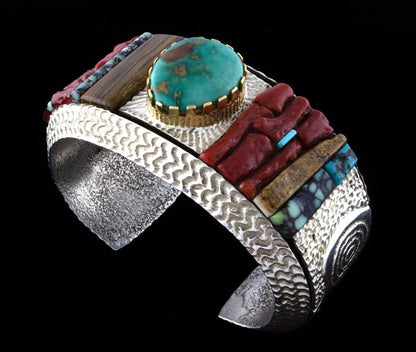 High Grade Natural Royston Turquoise Bracelet With 18K Gold Bezel & Raised Cobblestone Inlay Design