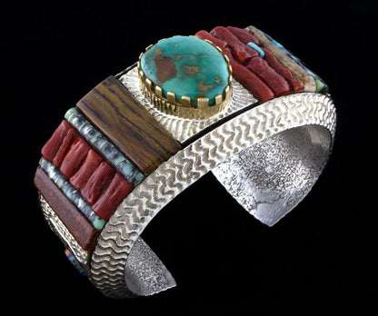 High Grade Natural Royston Turquoise Bracelet With 18K Gold Bezel & Raised Cobblestone Inlay Design