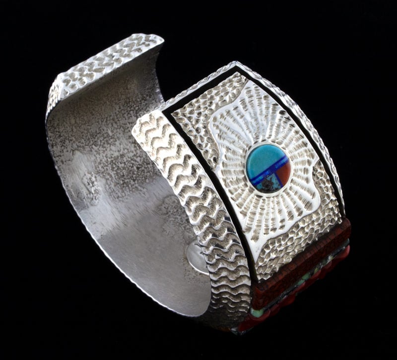 High Grade Natural Royston Turquoise Bracelet With 18K Gold Bezel & Raised Cobblestone Inlay Design