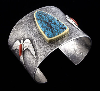 Tufa Cast Barn Swallow Bracelet With Natural Ella Mae Turquoise, Coral & 14K Gold Bezel