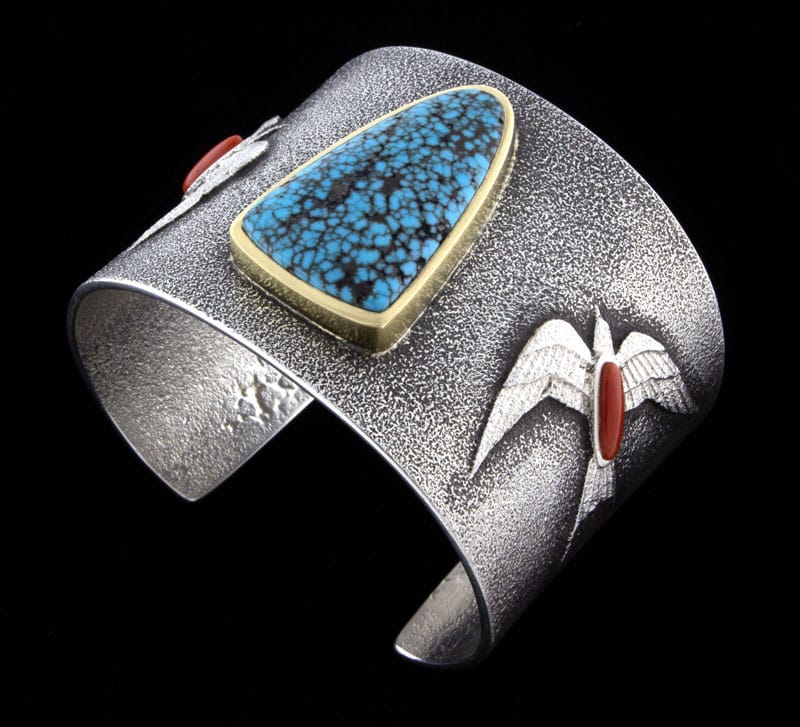 Tufa Cast Barn Swallow Bracelet With Natural Ella Mae Turquoise, Coral & 14K Gold Bezel